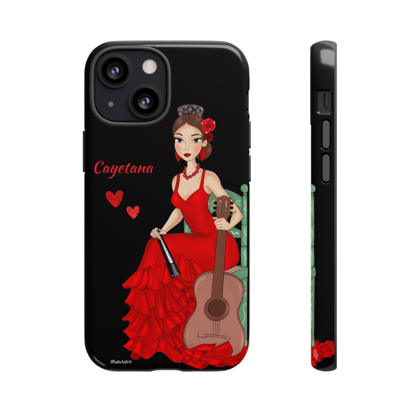 una funda de teléfono con una mujer en un vestido rojo sosteniendo una guitarra