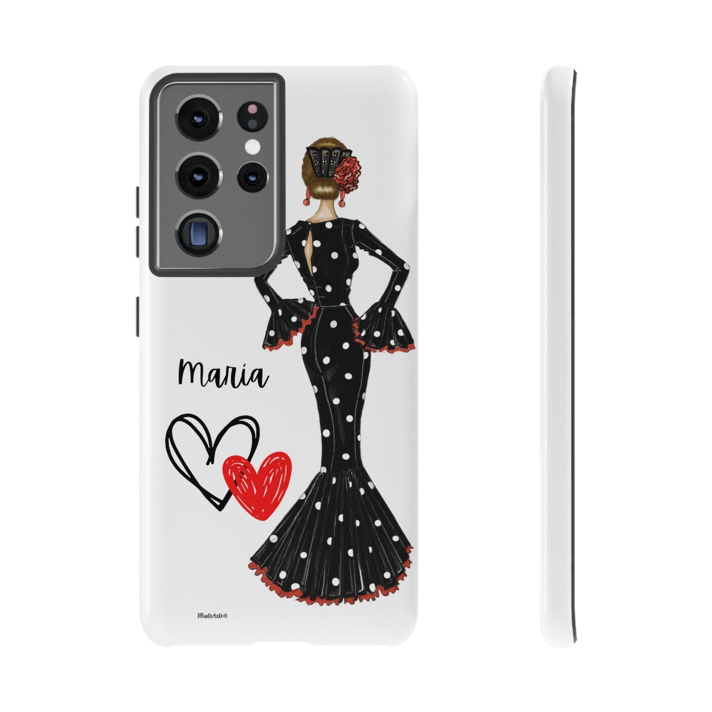 una funda para teléfono con una mujer en un vestido