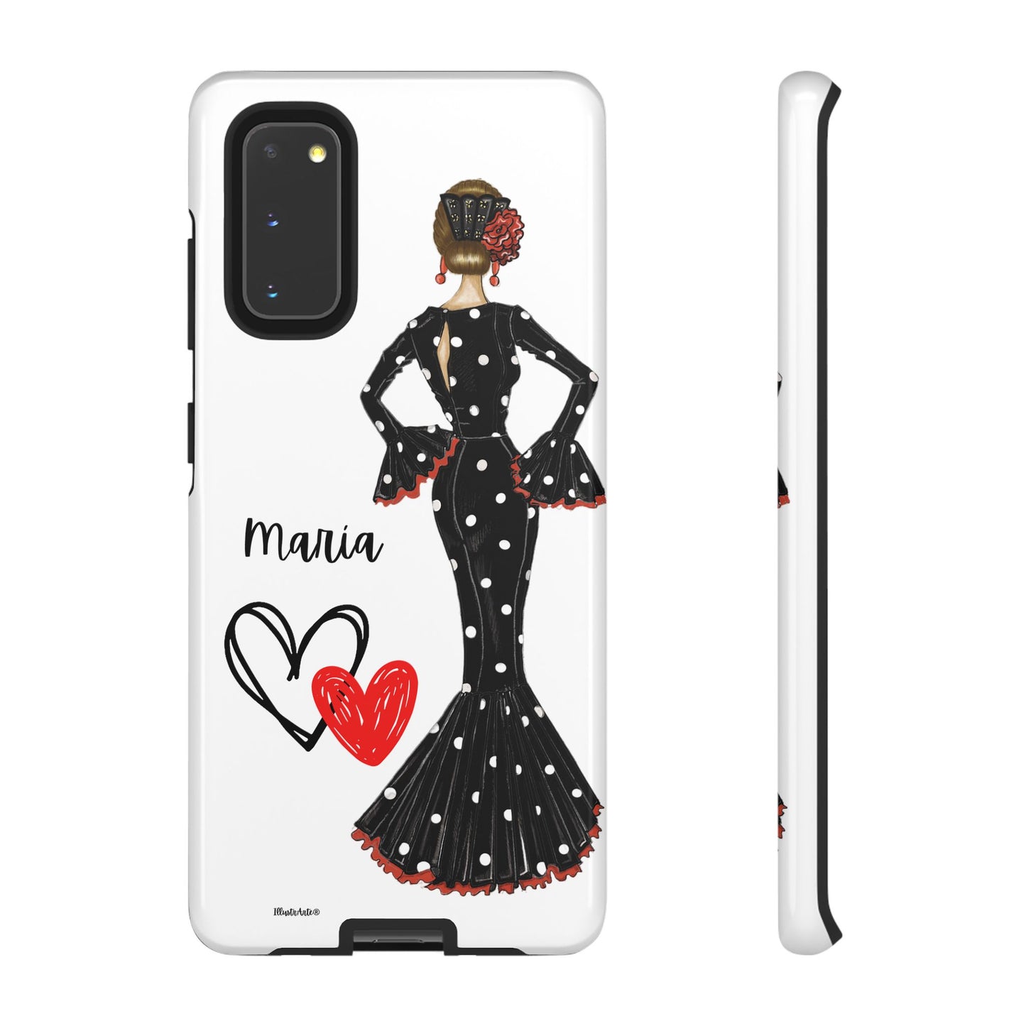 una funda para teléfono con una mujer en un vestido