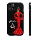 Personalised phone case flamenco dancer María, red dress, with a little Virgin Mary for iPhone 13, gloss finish – illustrArte