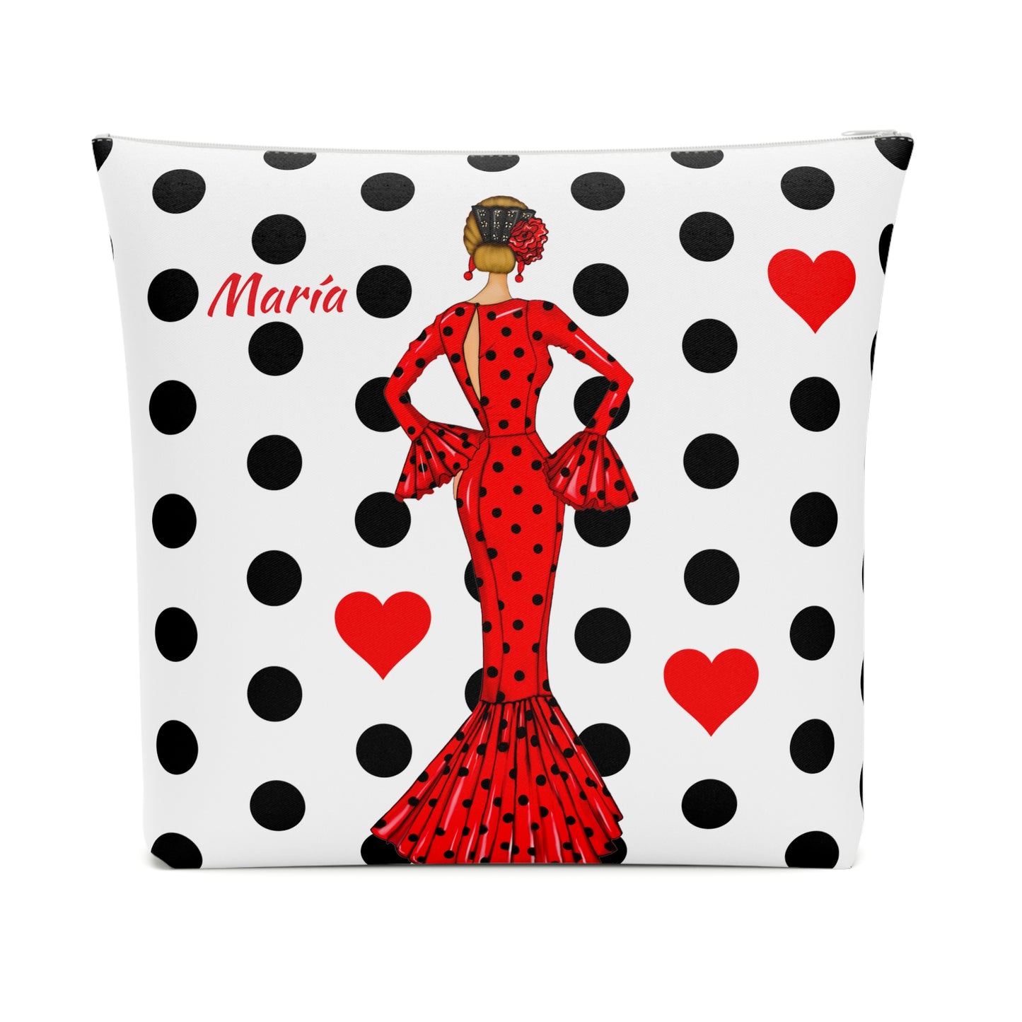 a black and white pillow with a lady in a red dress