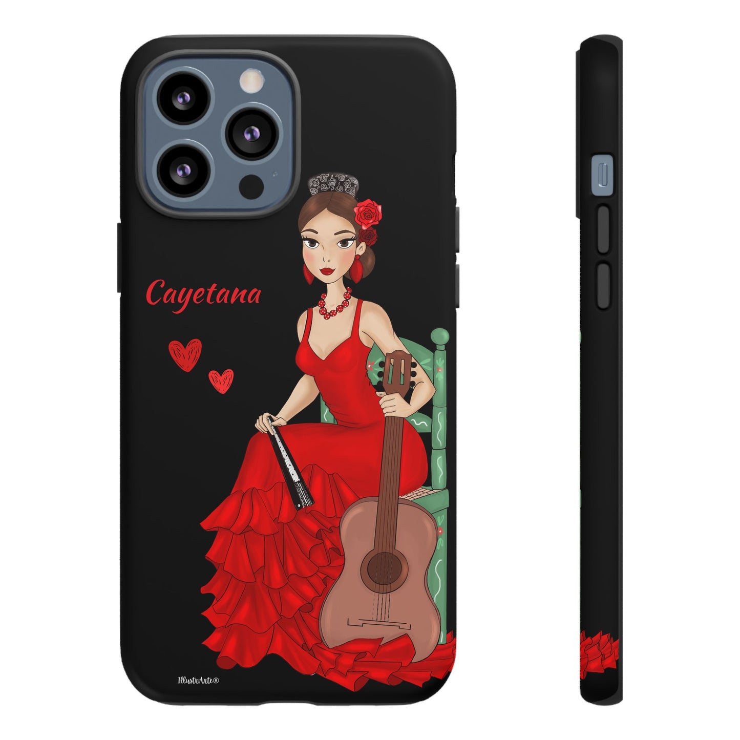 una funda de teléfono con una mujer en un vestido rojo sosteniendo una guitarra