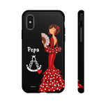 Personalised phone case flamenco dancer Pepa, with a little Virgin Mary for iPhone XS, gloss finish – illustrArte