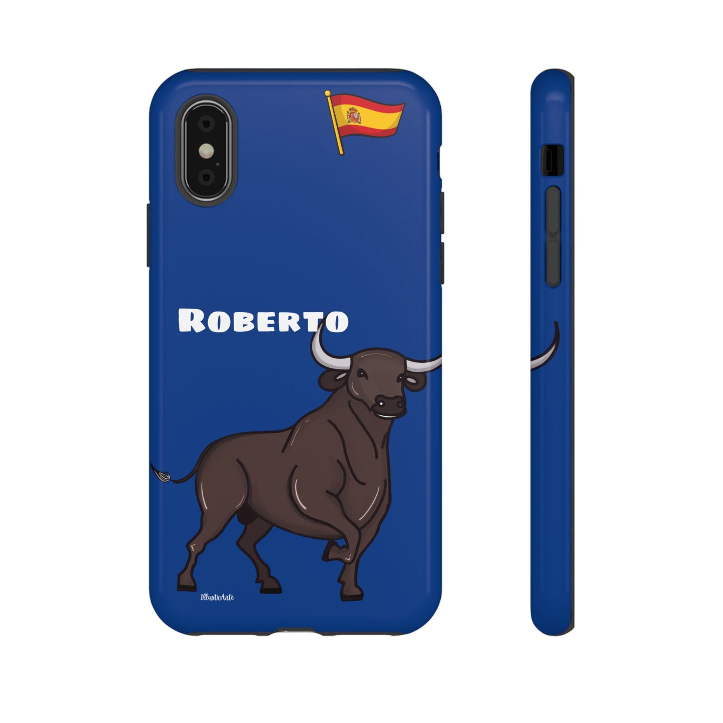 Funda de teléfono personalizable con nombre/bandera/Virgen - Modelo Toro Roberto, mostrando su resistencia ante caídas.