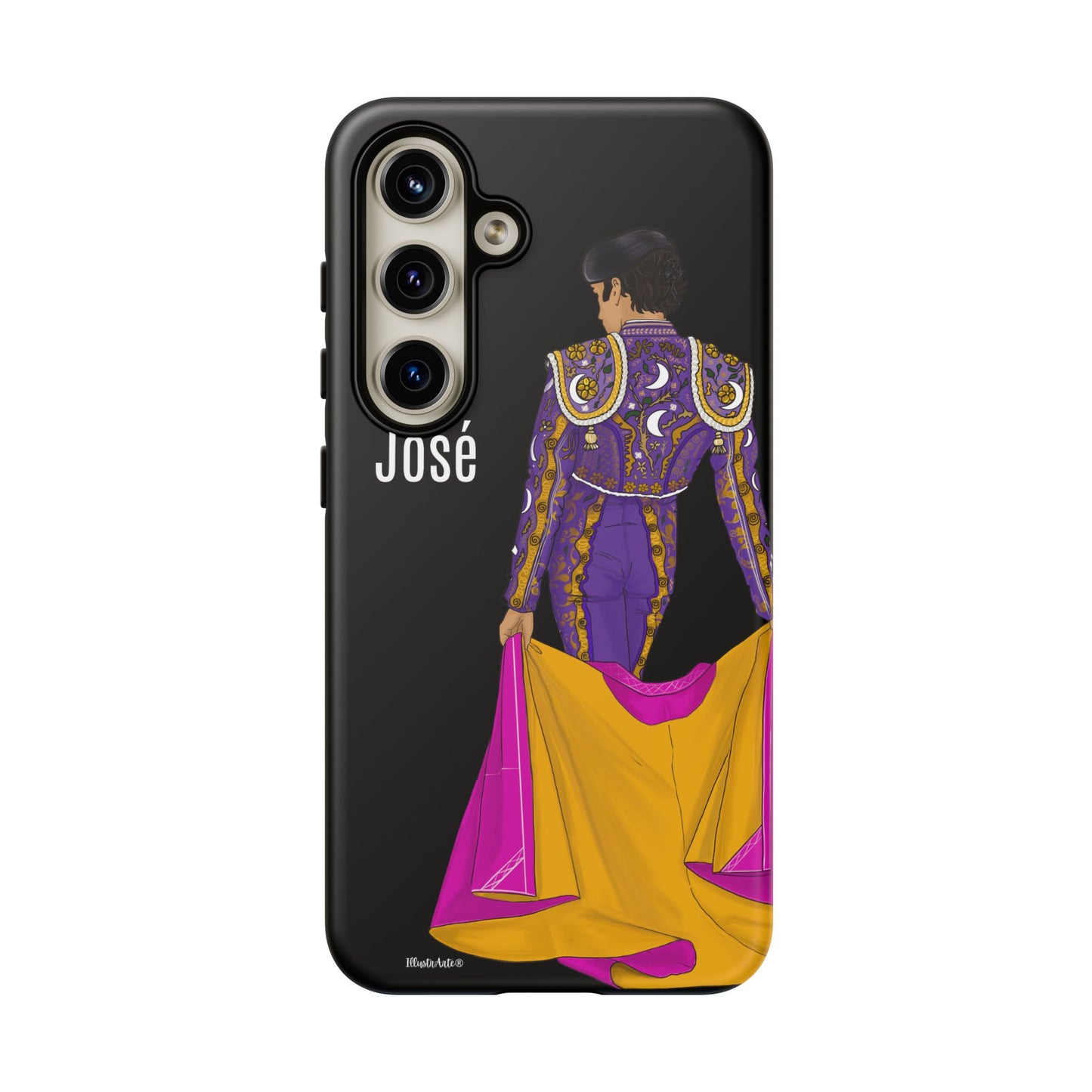 una funda de teléfono con una imagen de una mujer en un traje morado y amarillo