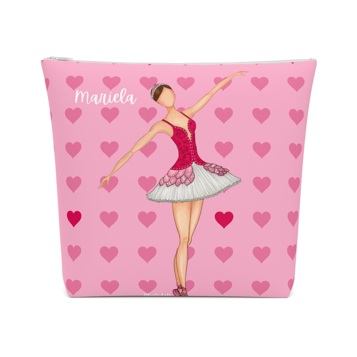 una bolsa cosmética rosa con una imagen de una bailarina