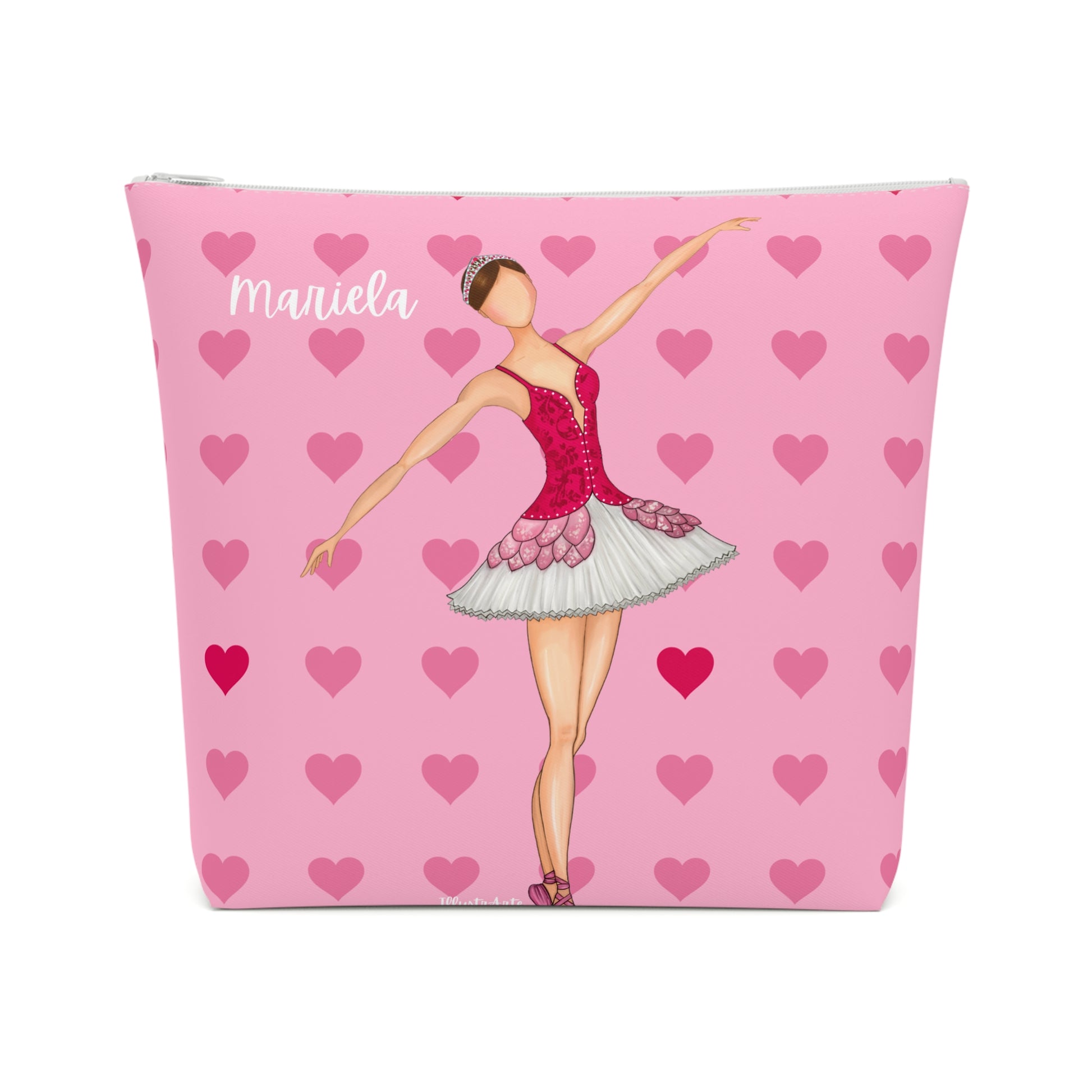 una bolsa cosmética rosa con una imagen de una bailarina