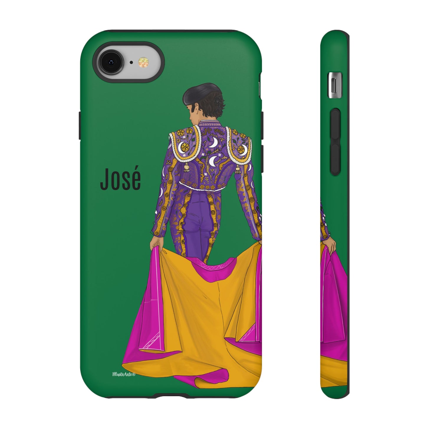 una funda de teléfono verde con una imagen de una mujer en un atuendo púrpura y amarillo