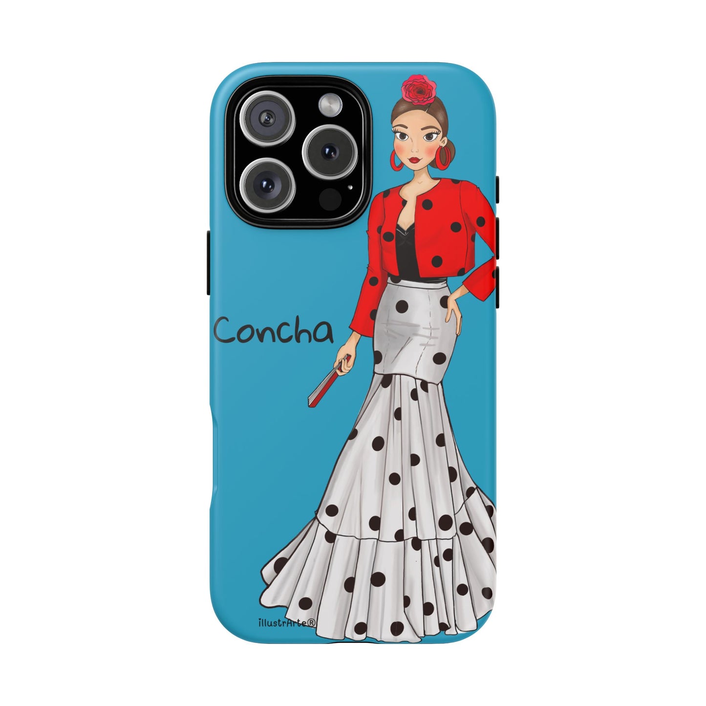 Funda de teléfono personalizable con nombre/bandera/Virgen - Modelo Conchita fondo azul. Para iPhone, Samsung Y Google Pixel