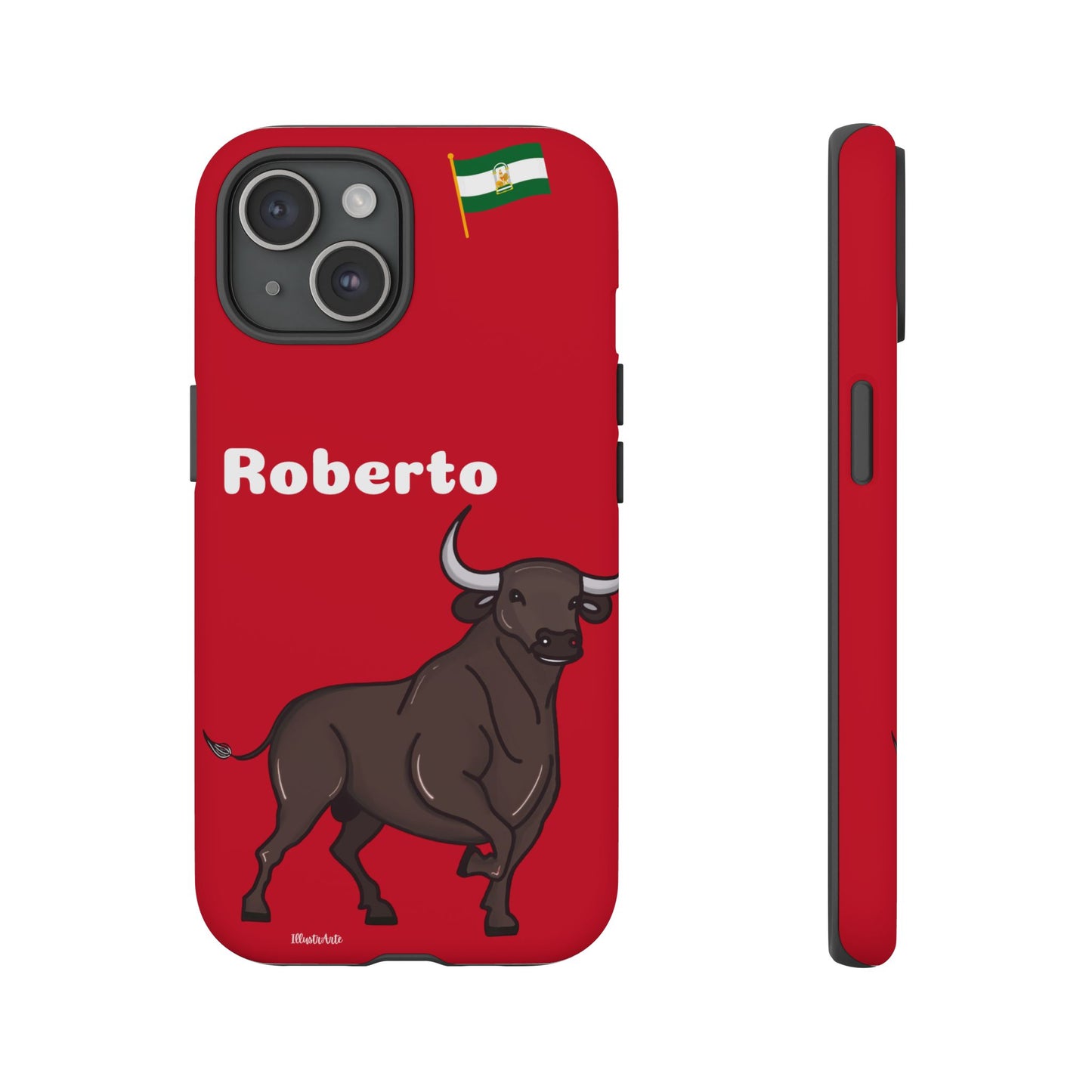 una funda de teléfono roja con un toro en ella