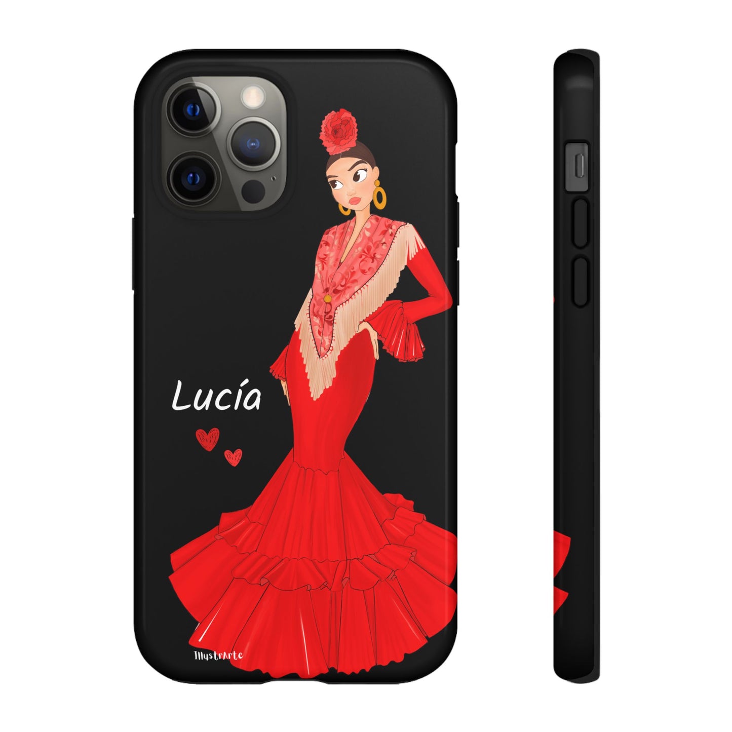 una funda de teléfono con una mujer en un vestido rojo