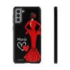 Funda de teléfono personalizable María rojo pelo oscuro fondo negro – para iPhone, Samsung, Pixel