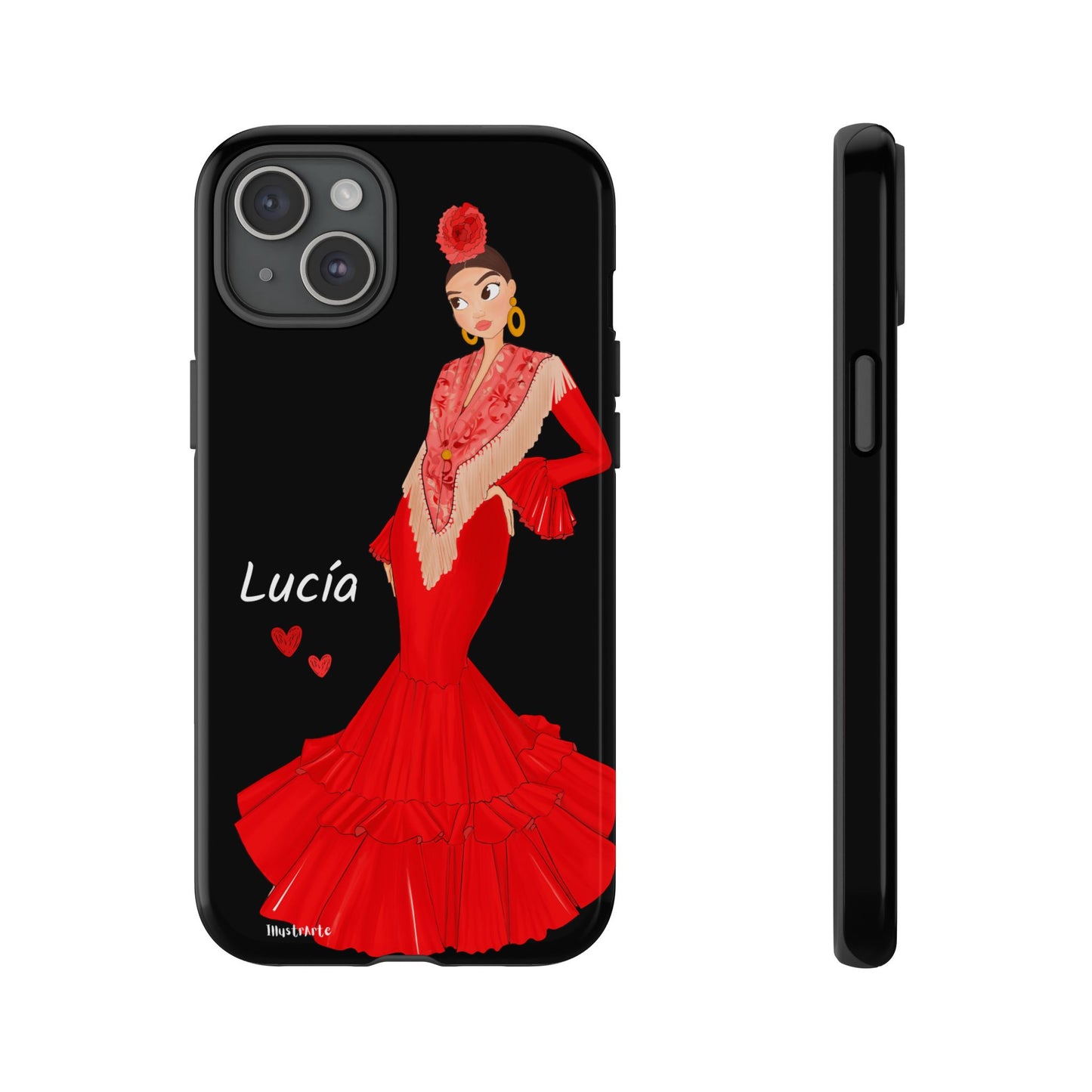 una funda de teléfono con una mujer en un vestido rojo