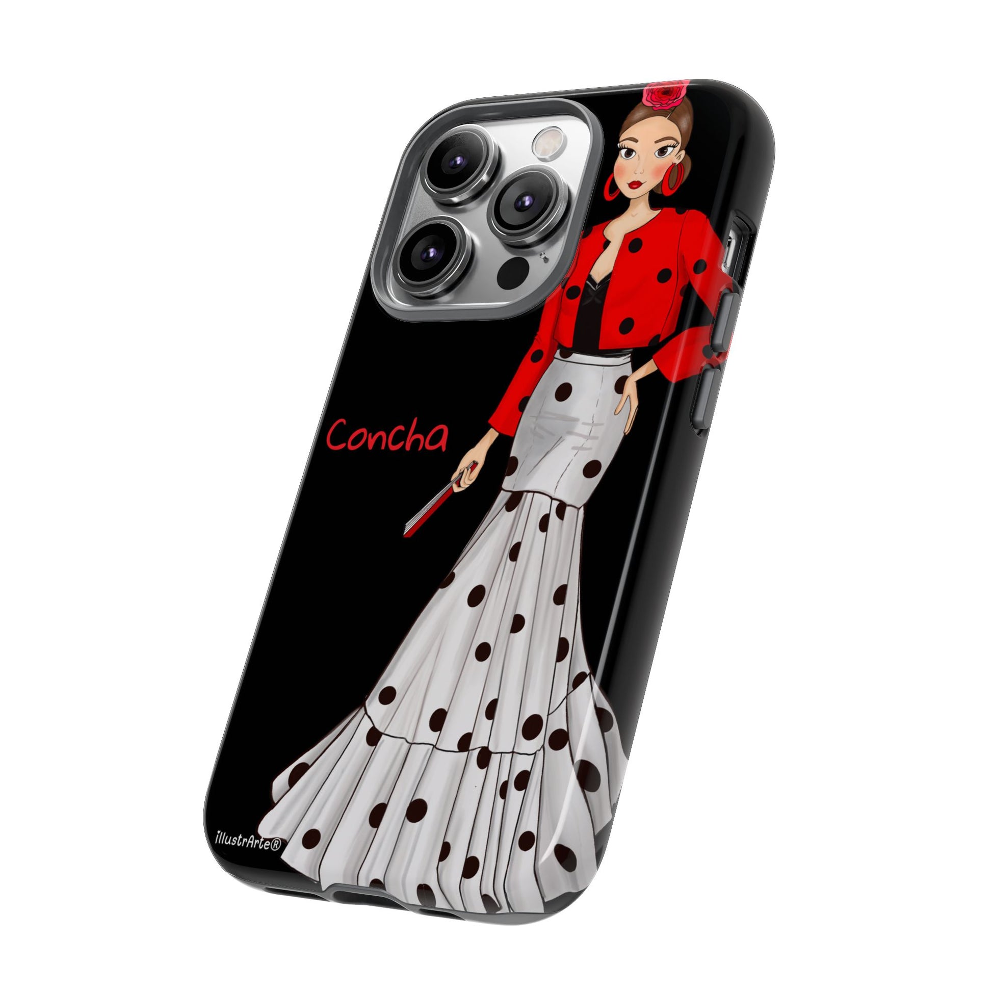 Funda de teléfono con nombre/bandera personalizable - Modelo Conchita fondo negro.