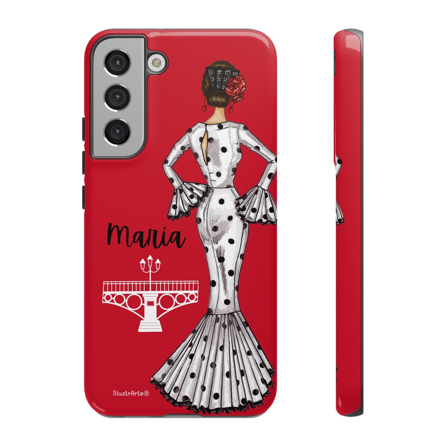 Fondo blanco con la funda de teléfono personalizada con la flamenca María, ideal para dispositivos iPhone.