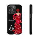 Personalised phone case flamenco dancer Macarena, with a little Virgin Mary for iPhone 15 Pro, gloss finish – illustrArte