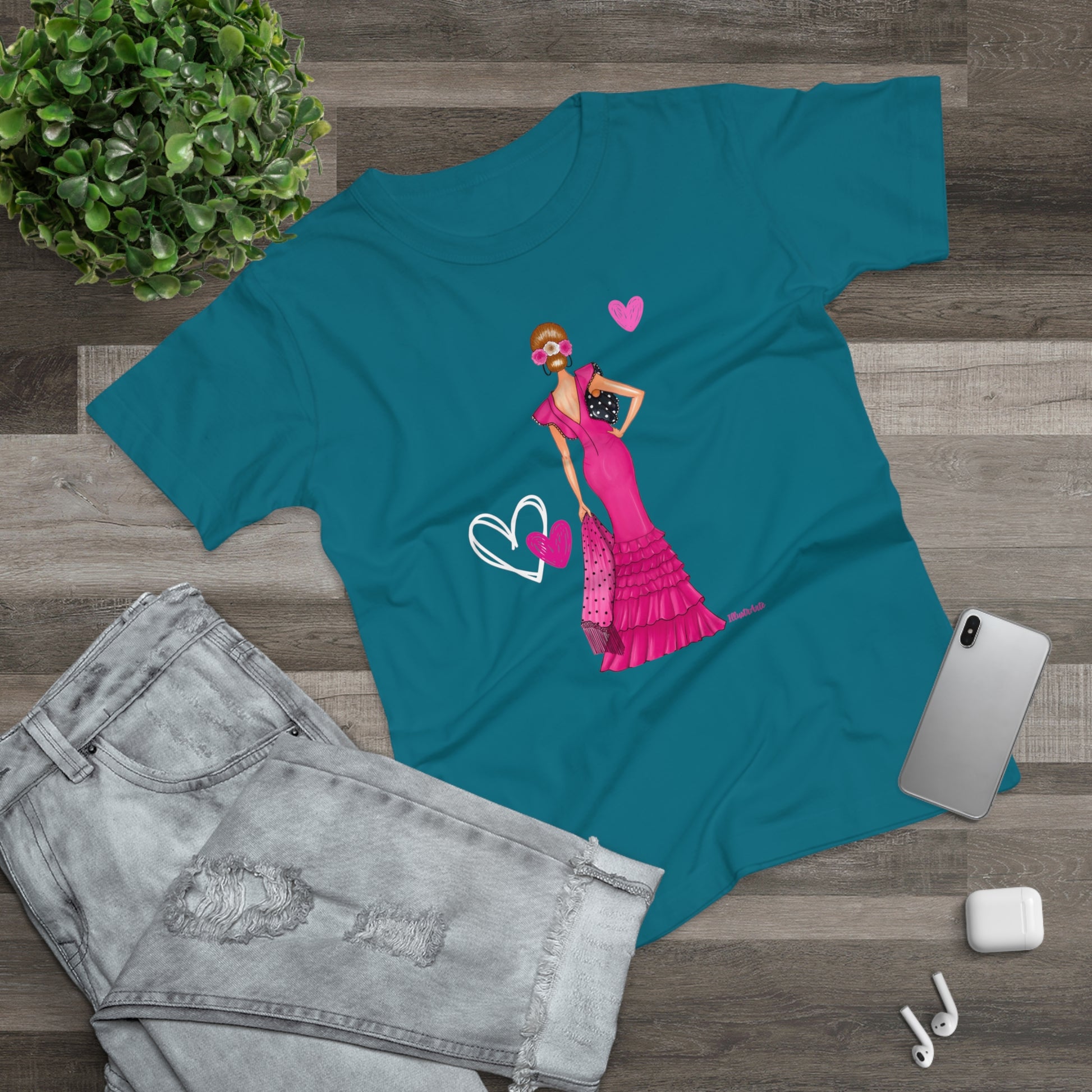 a t - shirt with a picture of a woman in a pink dress