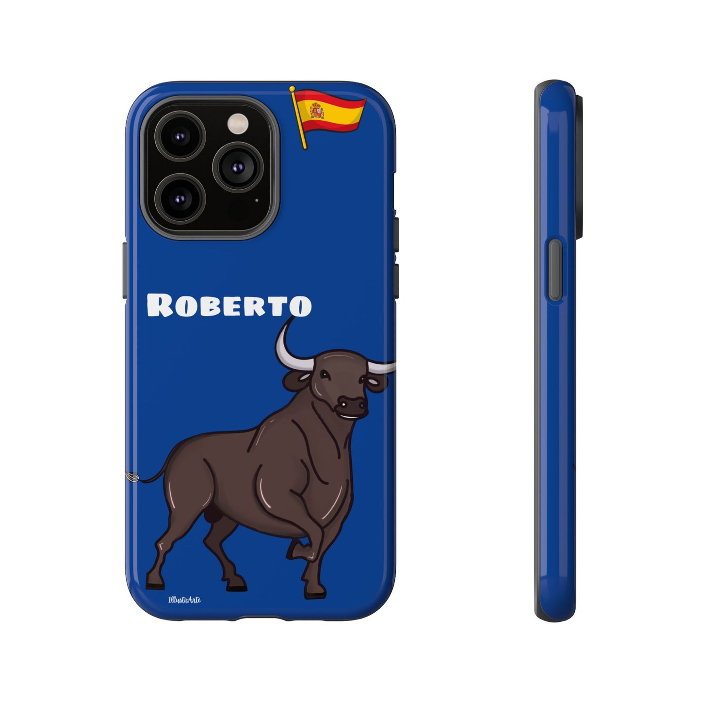 una funda de teléfono azul con un toro en ella