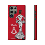 Personalised phone case flamenco dancer María Blanco, red background, with the Virgen del Rocío for Samsung Galaxy S23 Ultra, gloss finish – illustrArte