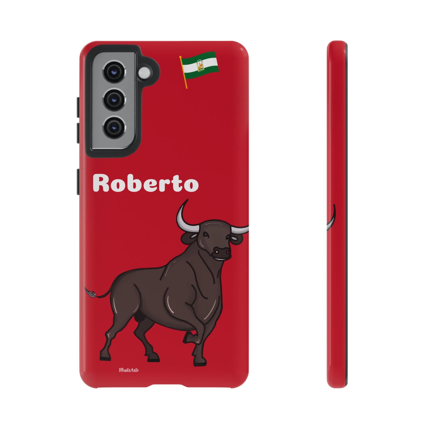 una funda de teléfono roja con un toro en ella