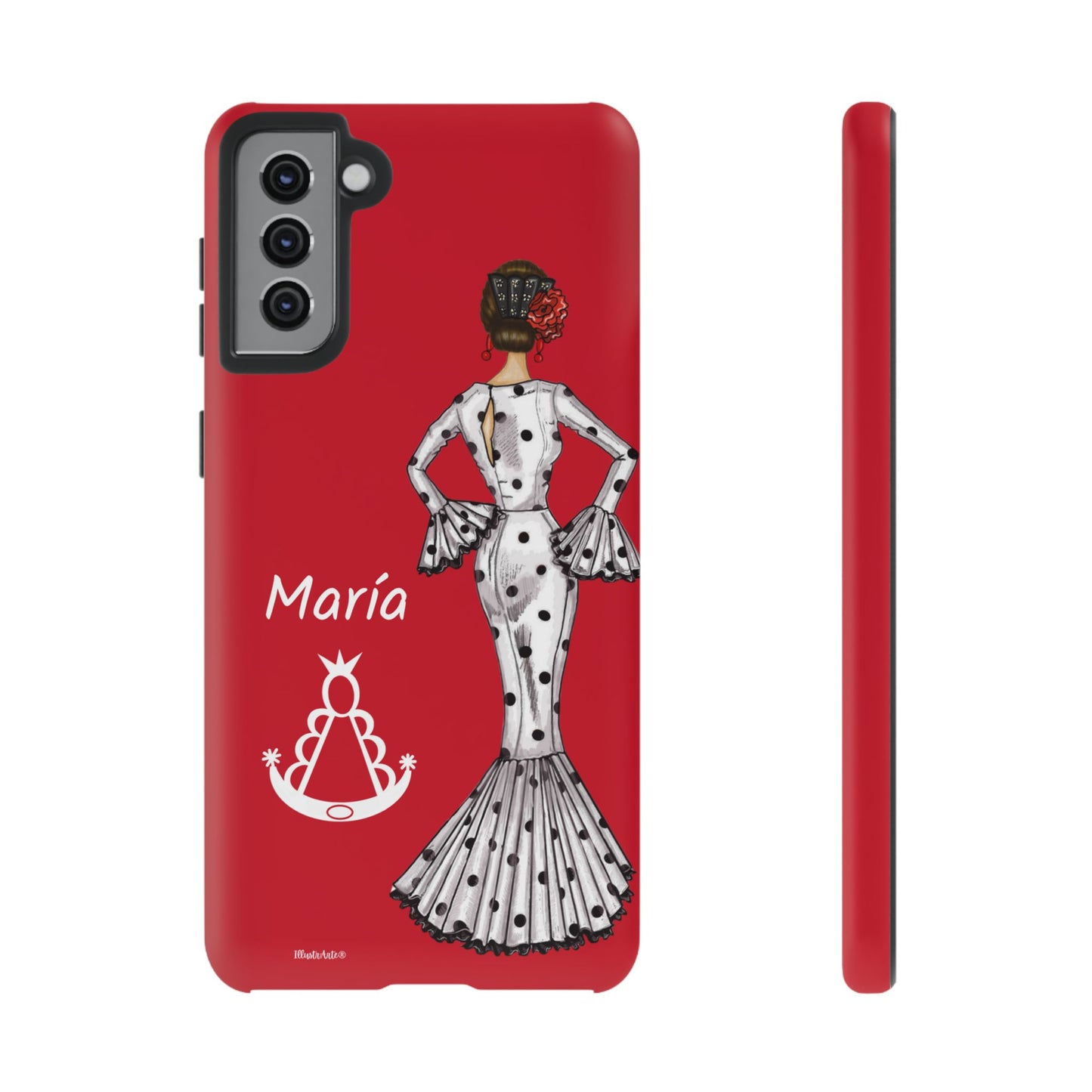 una funda de teléfono roja con una imagen de una mujer en un vestido