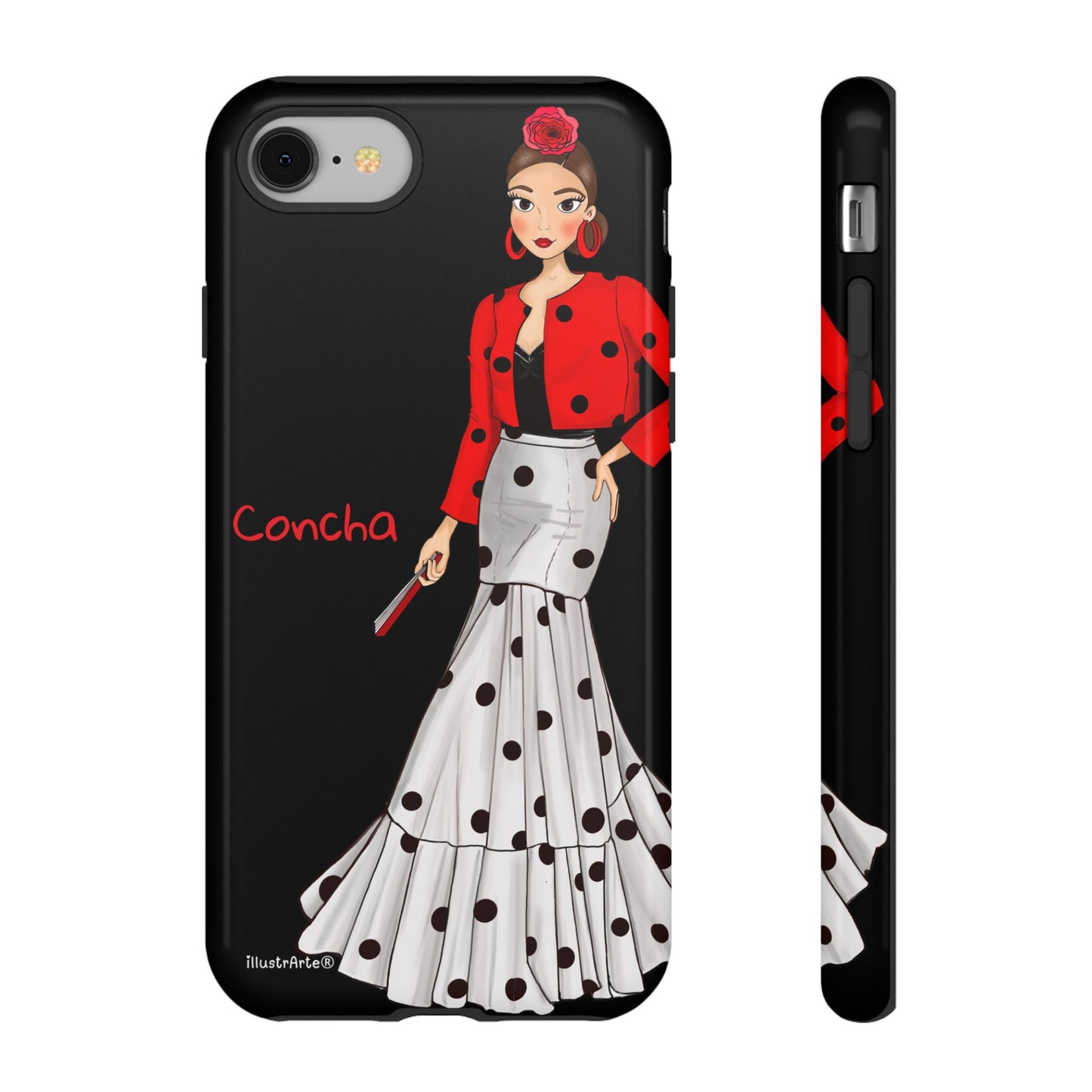 Diseño atractivo de la funda de teléfono Modelo Conchita en fondo negro.