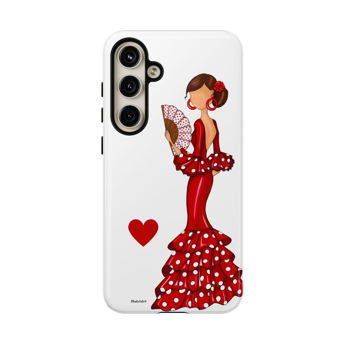 una funda de teléfono con una dama en un vestido rojo sosteniendo un abanico