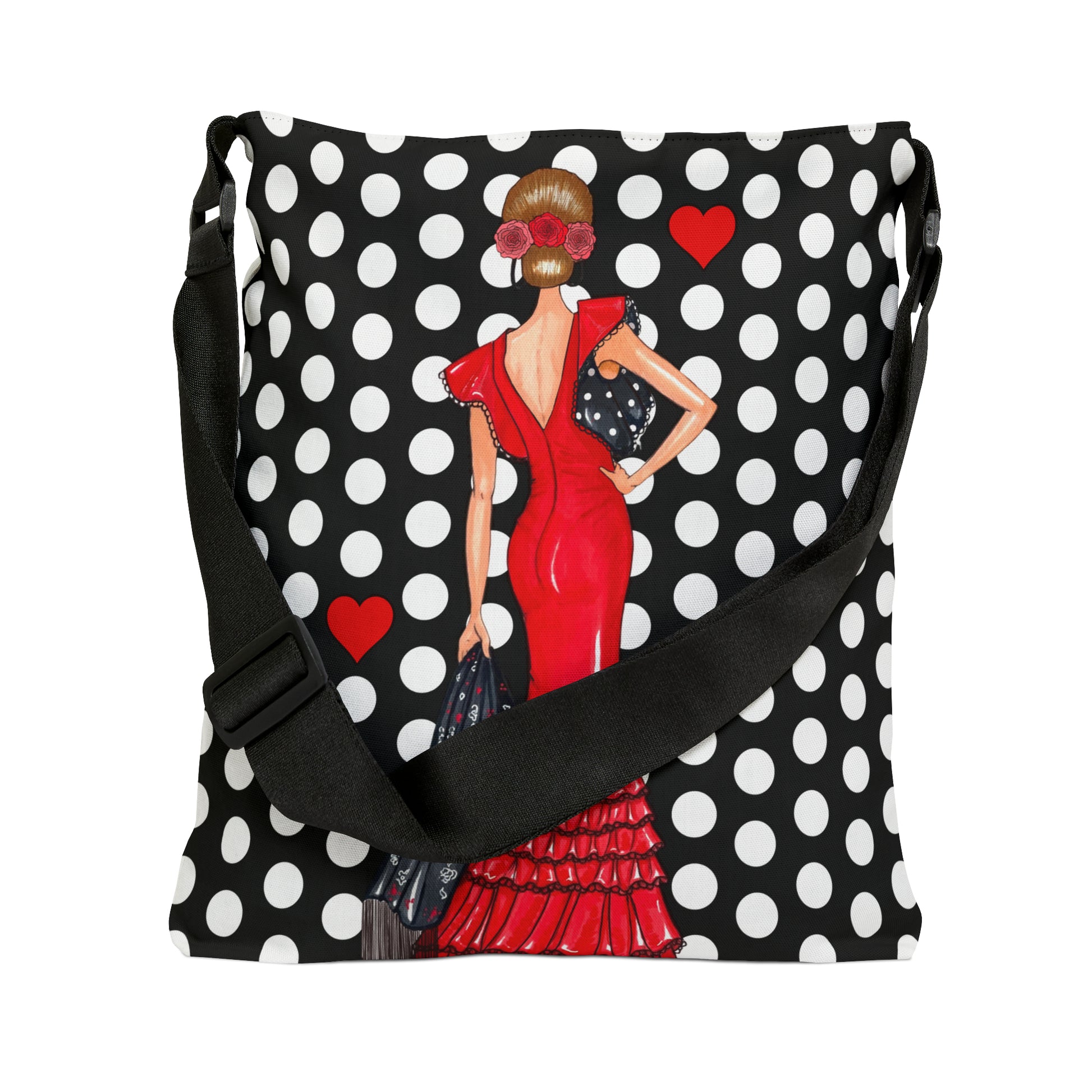 a black and white polka dot purse with a woman in a red dress