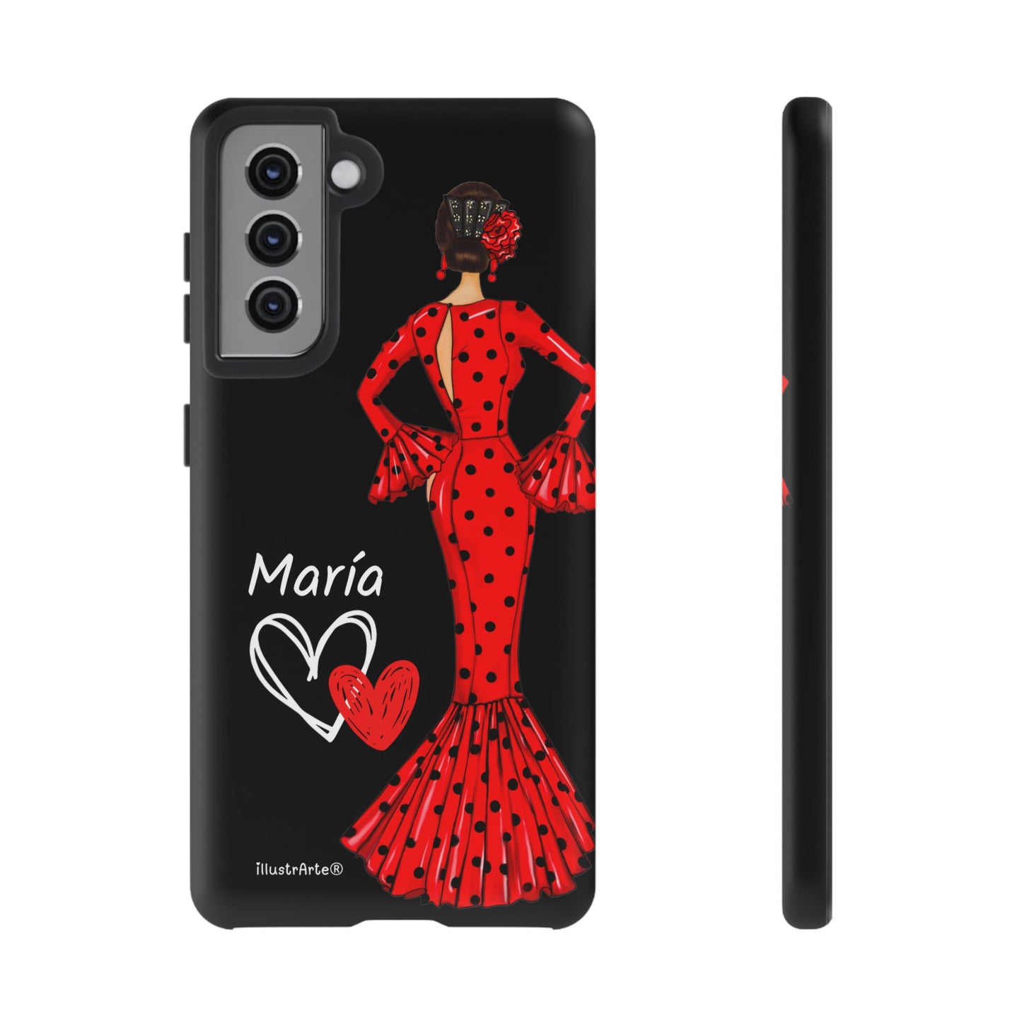 Capa de celular personalizável com nome/bandeira/Virgem - modelo Red Maria com cabelo escuro, fundo preto, para iPhone, Samsung e Google Pixel