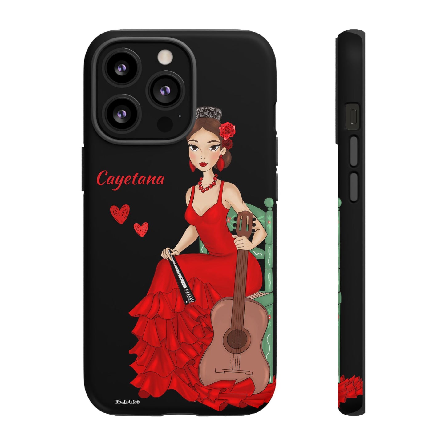 una funda de teléfono con una mujer en un vestido rojo sosteniendo una guitarra