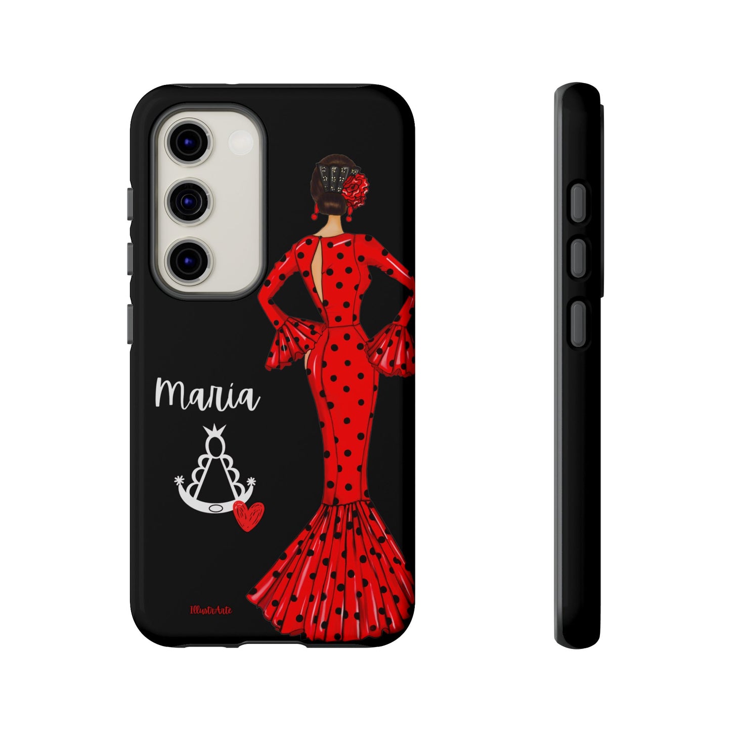 una funda de teléfono con una mujer en un vestido rojo