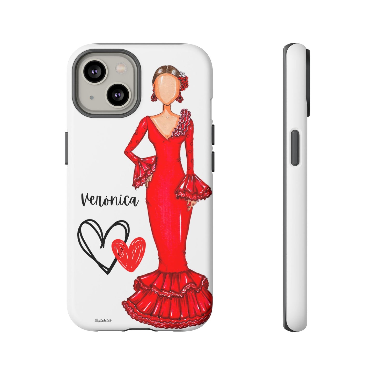 una funda de teléfono con un dibujo de una mujer en un vestido rojo