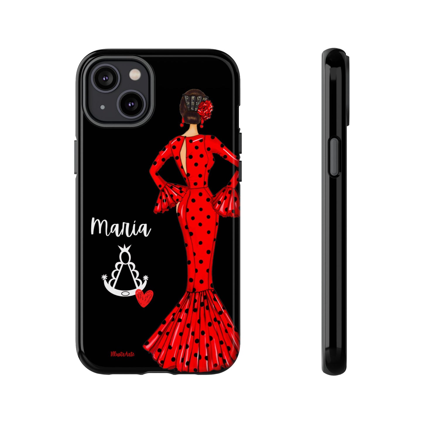 una funda de teléfono con una mujer en un vestido rojo