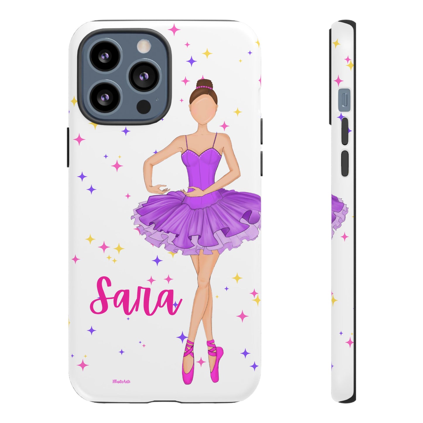 una funda de teléfono con una bailarina púrpura en ella