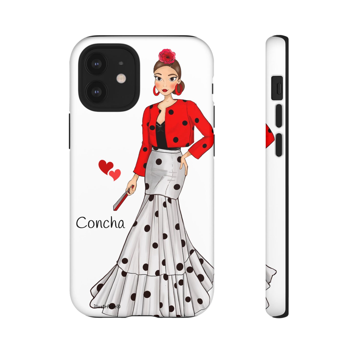 Funda de teléfono personalizable con nombre y bandera presentación frente y atrás, modelo Conchita fondo blanco, perfecta para tu smartphone.