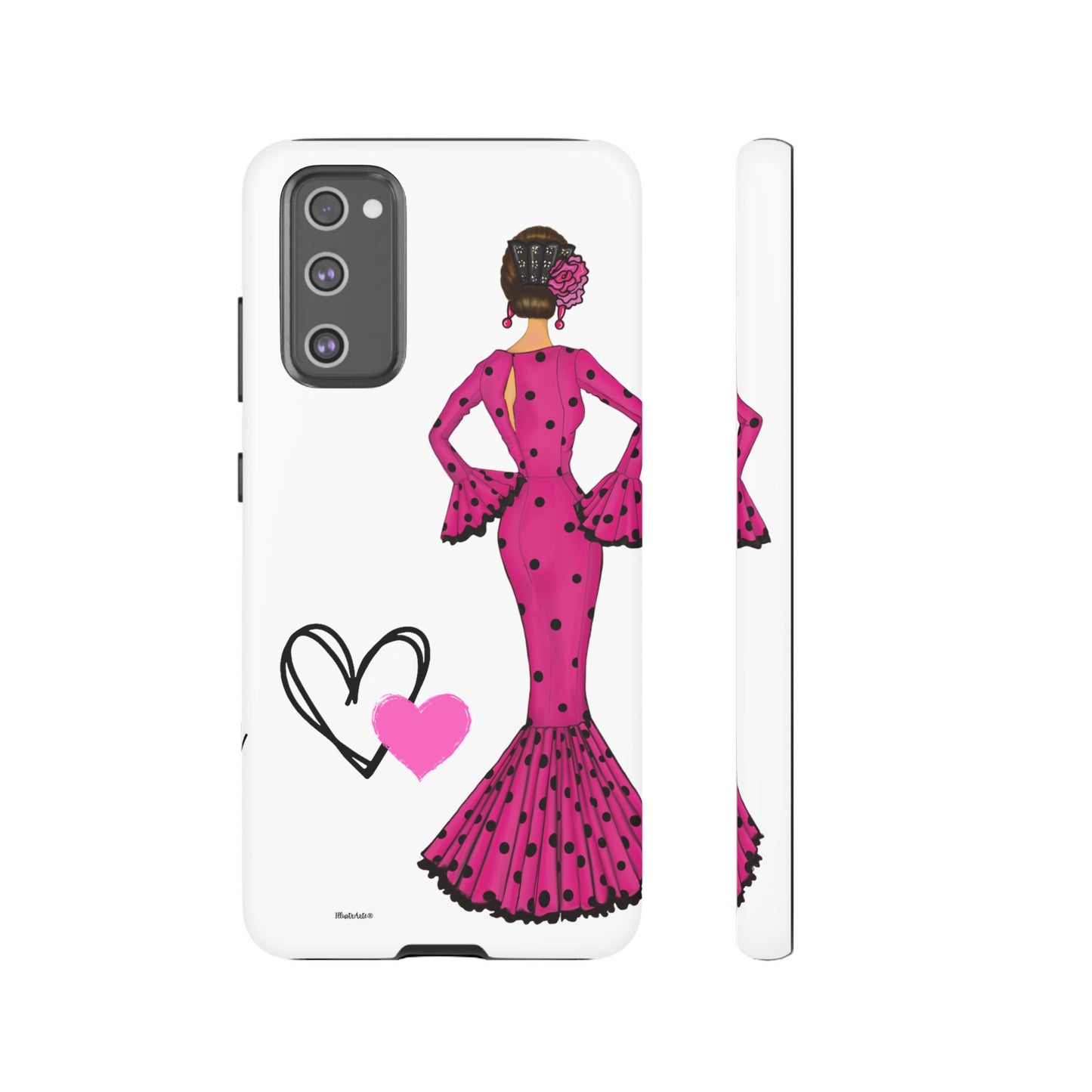 una funda de teléfono con una mujer en un vestido rosa