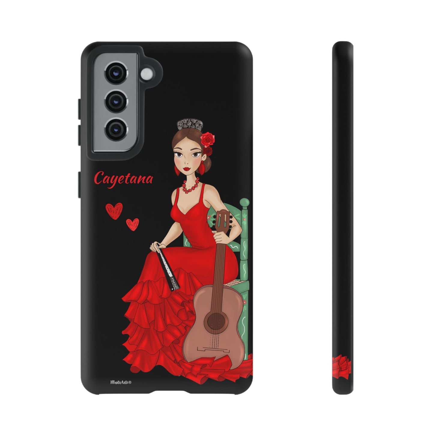 una funda de teléfono con una mujer en un vestido rojo sosteniendo una guitarra