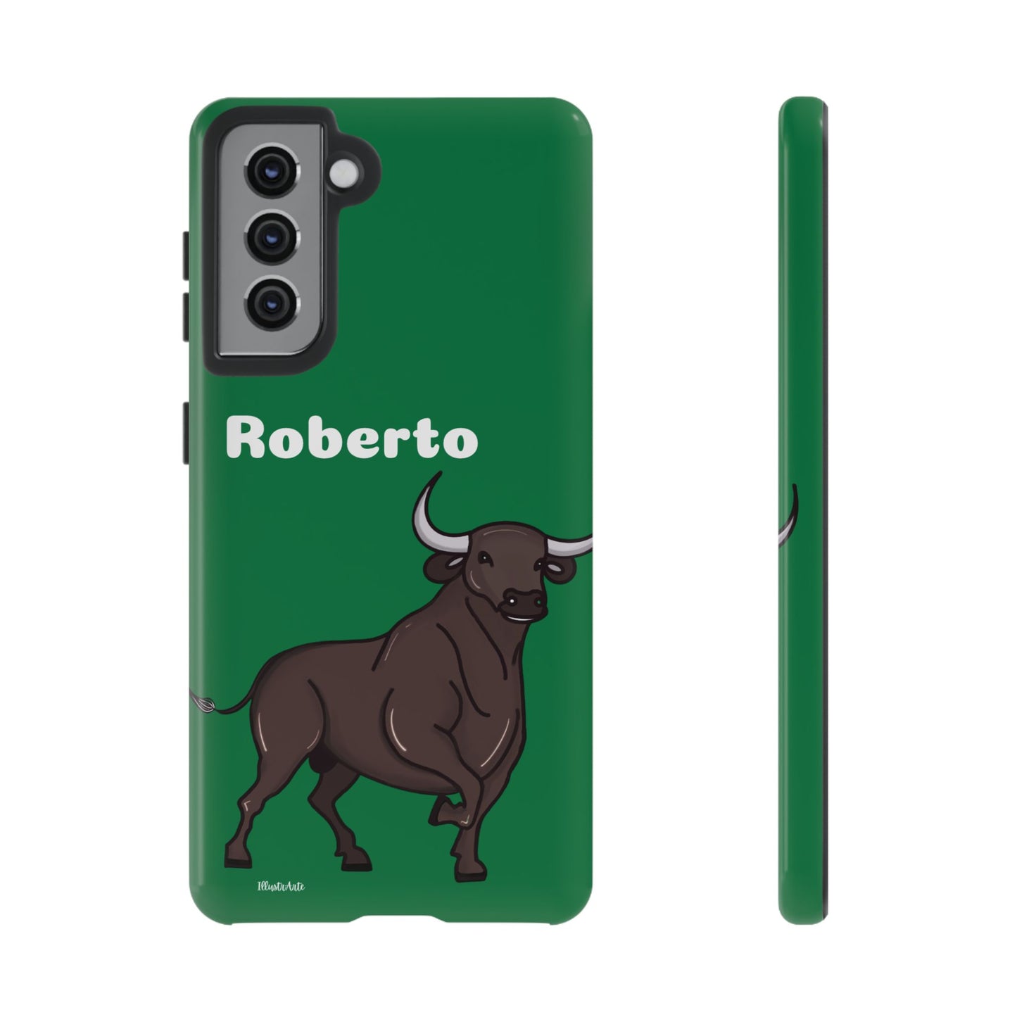 una funda de teléfono verde con un toro en ella