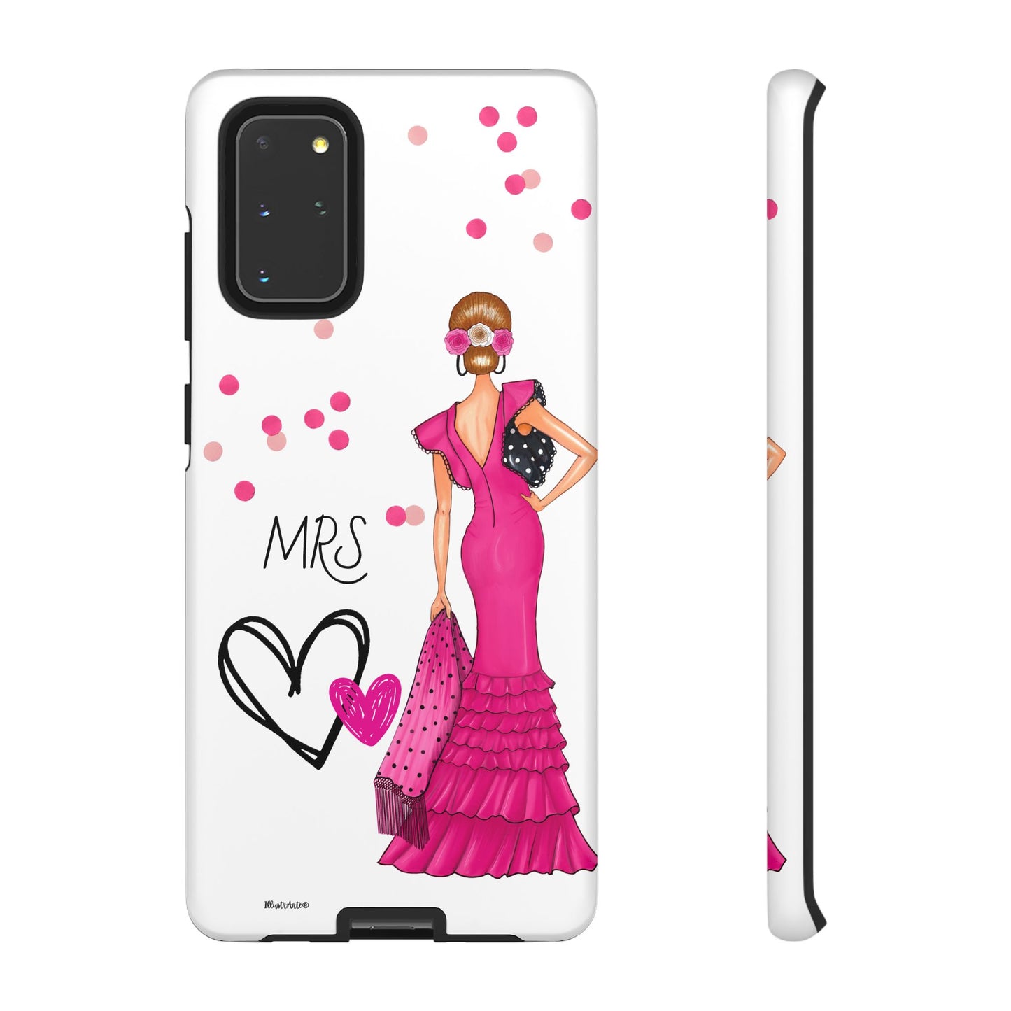 una funda de teléfono con una mujer en un vestido rosa