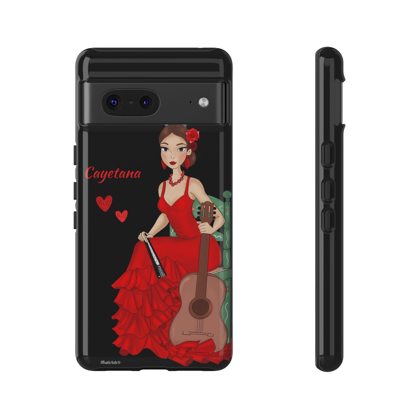 una funda de teléfono con una mujer en un vestido rojo sosteniendo una guitarra