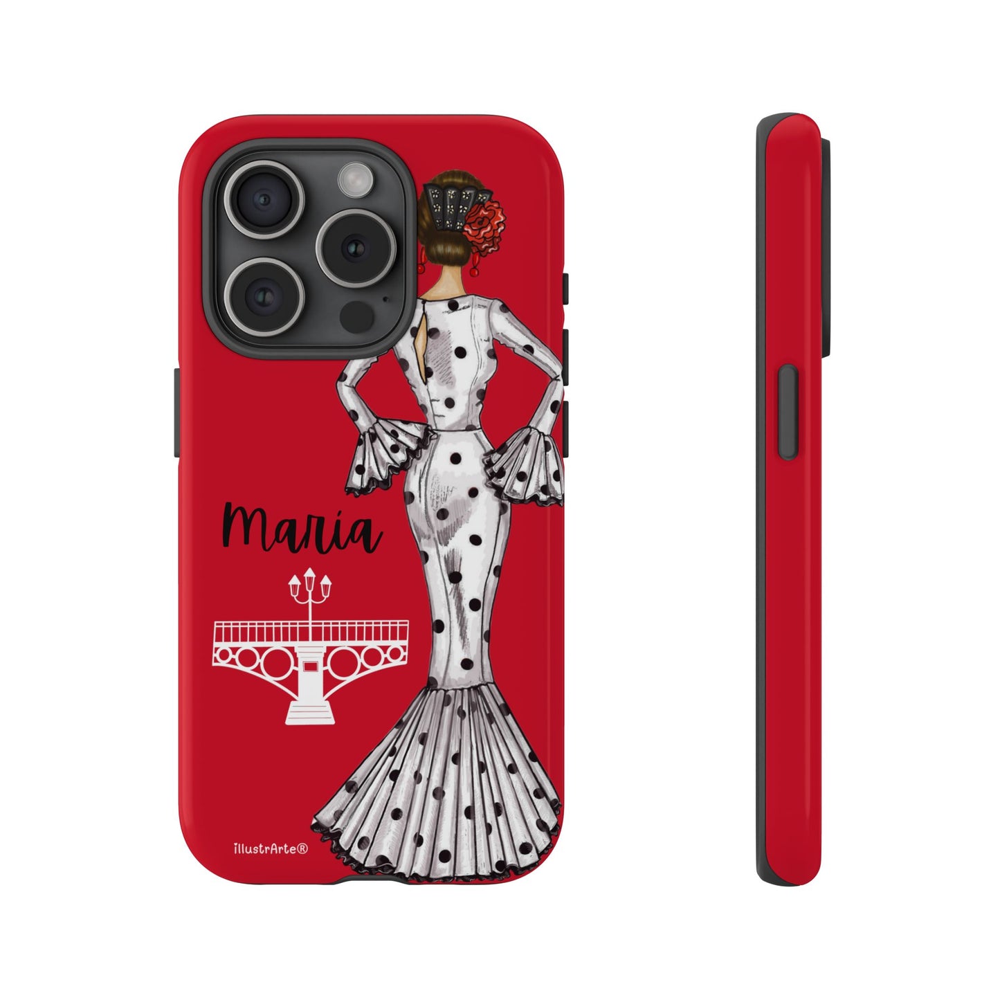 Funda de teléfono con diseño de flamenca María y la opción de personalizar el nombre, ideal para iPhone y Samsung.