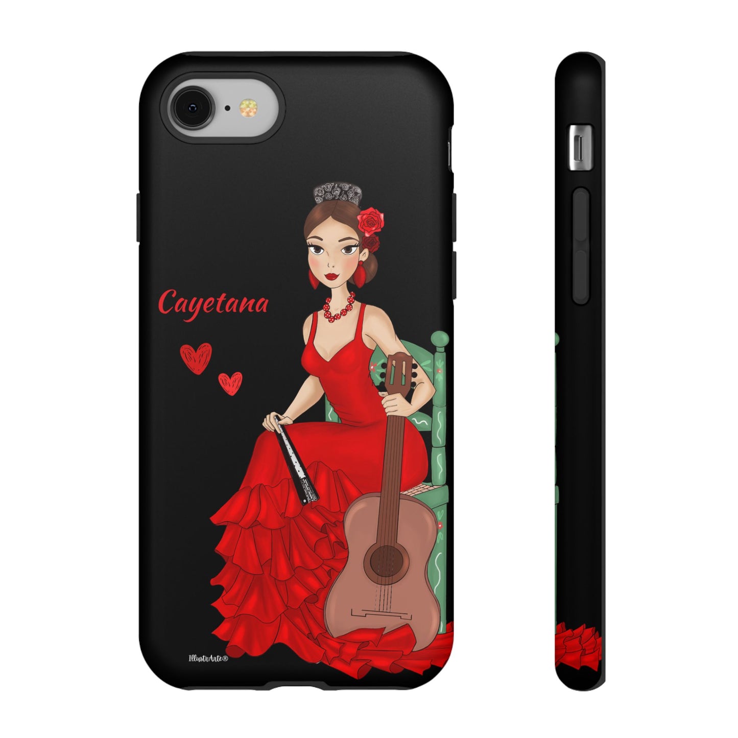 una funda de teléfono con una mujer en un vestido rojo sosteniendo una guitarra