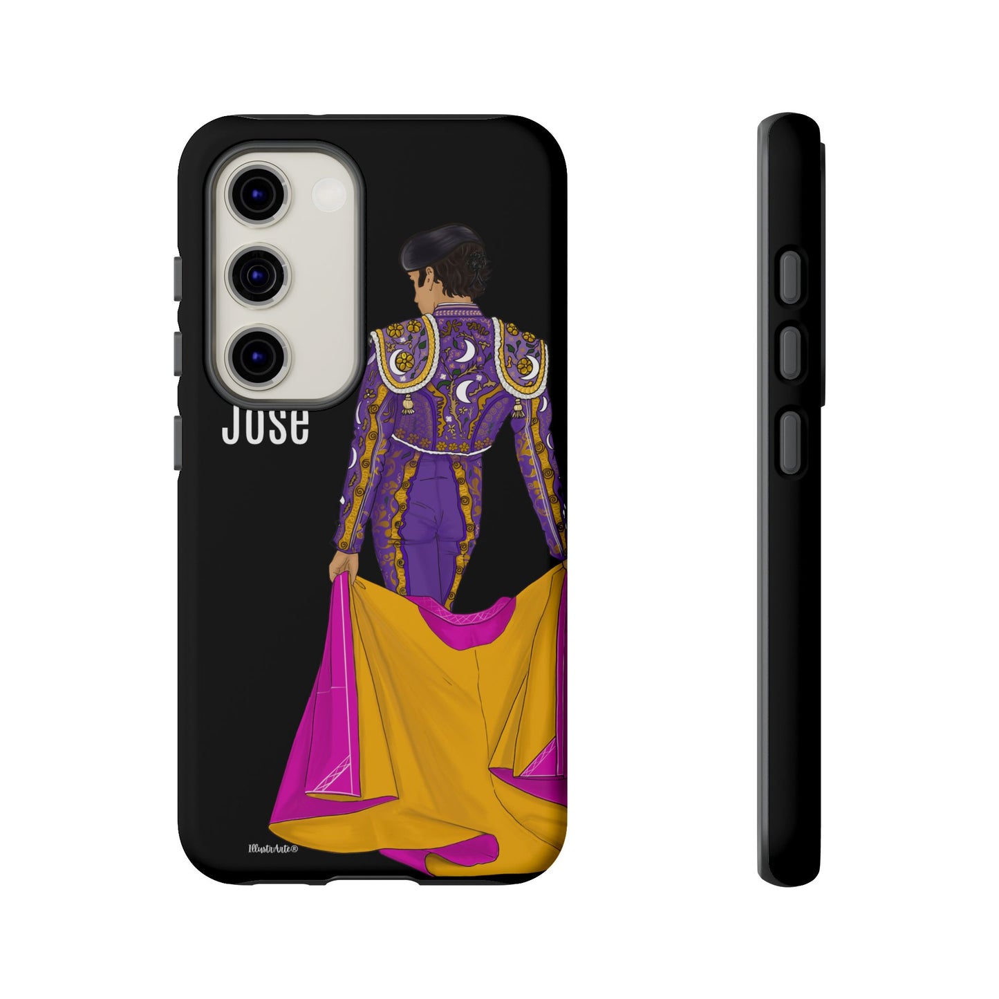 una funda de teléfono con una imagen de un hombre en un traje morado y amarillo