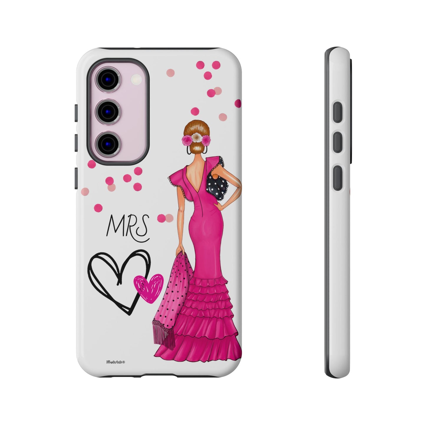 una funda de teléfono con una mujer en un vestido rosa