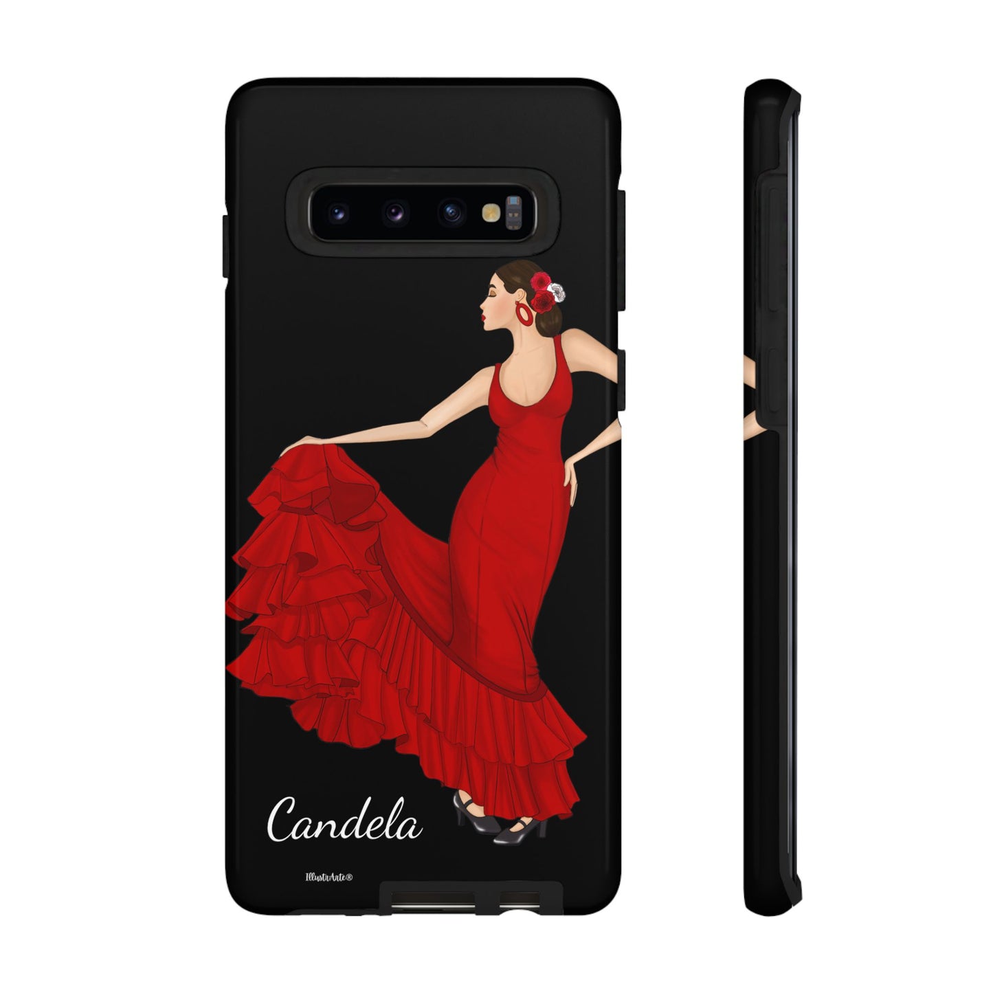 una funda de teléfono con una mujer en un vestido rojo