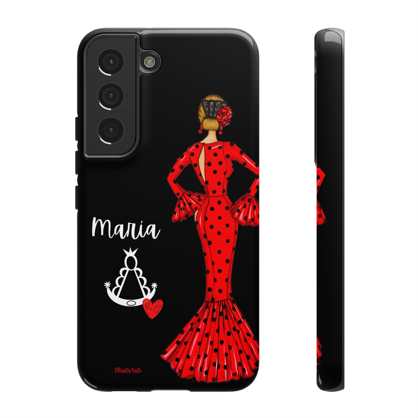 una funda de teléfono con una mujer en un vestido rojo