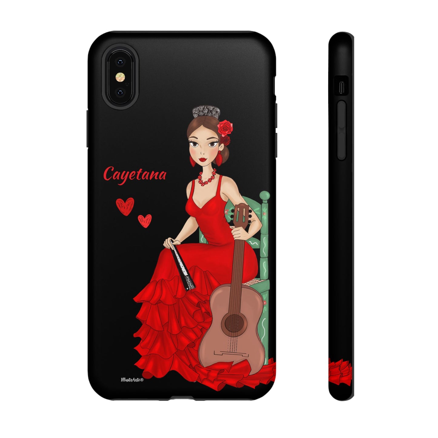 una funda de teléfono con una mujer en un vestido rojo sosteniendo una guitarra