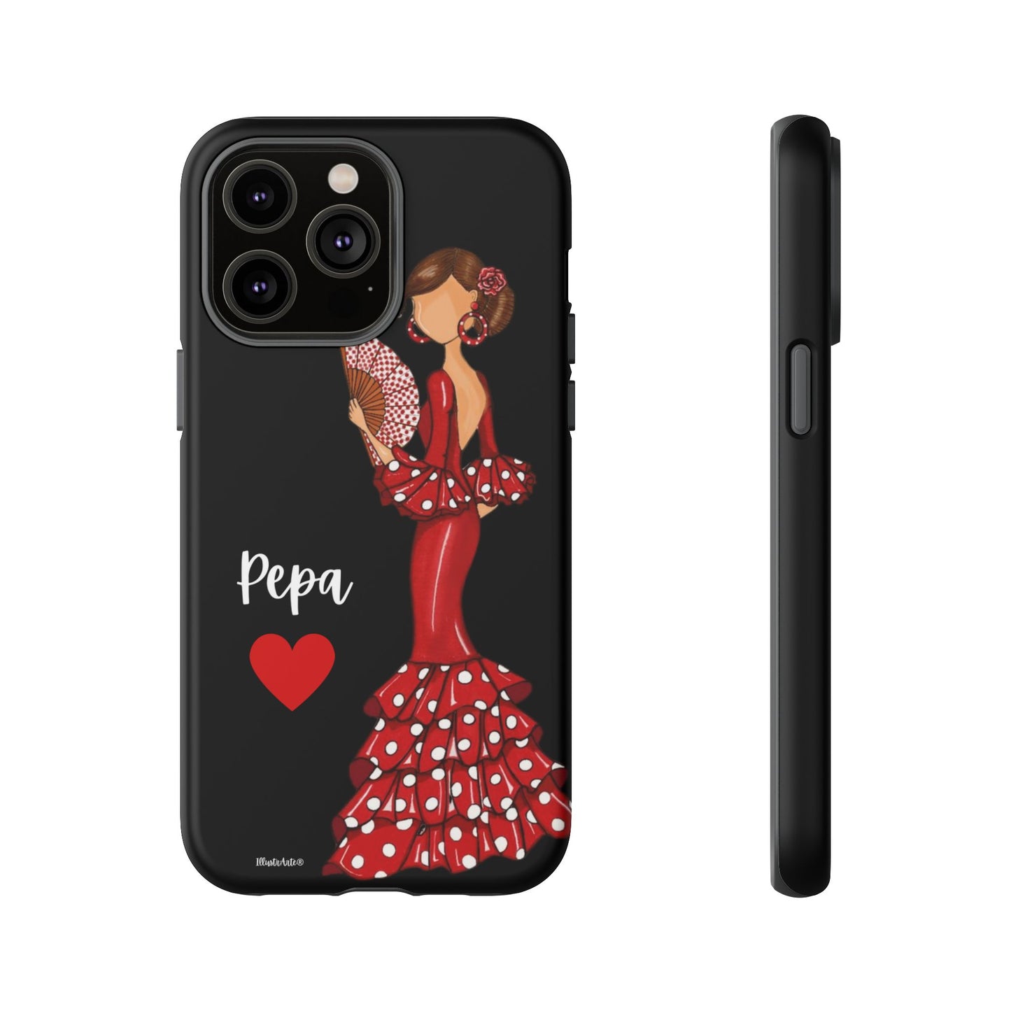 una funda de teléfono con una mujer en un vestido rojo