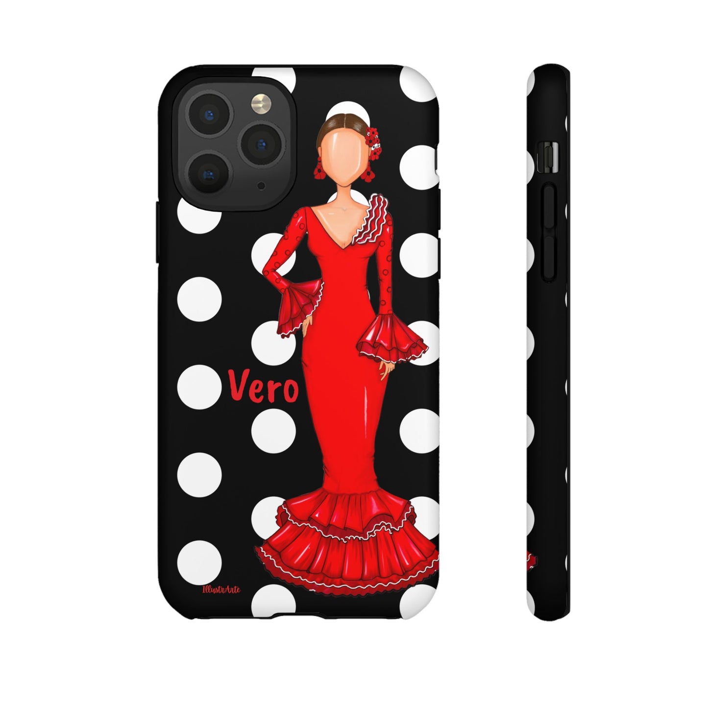 una funda para teléfono con una mujer en un vestido rojo