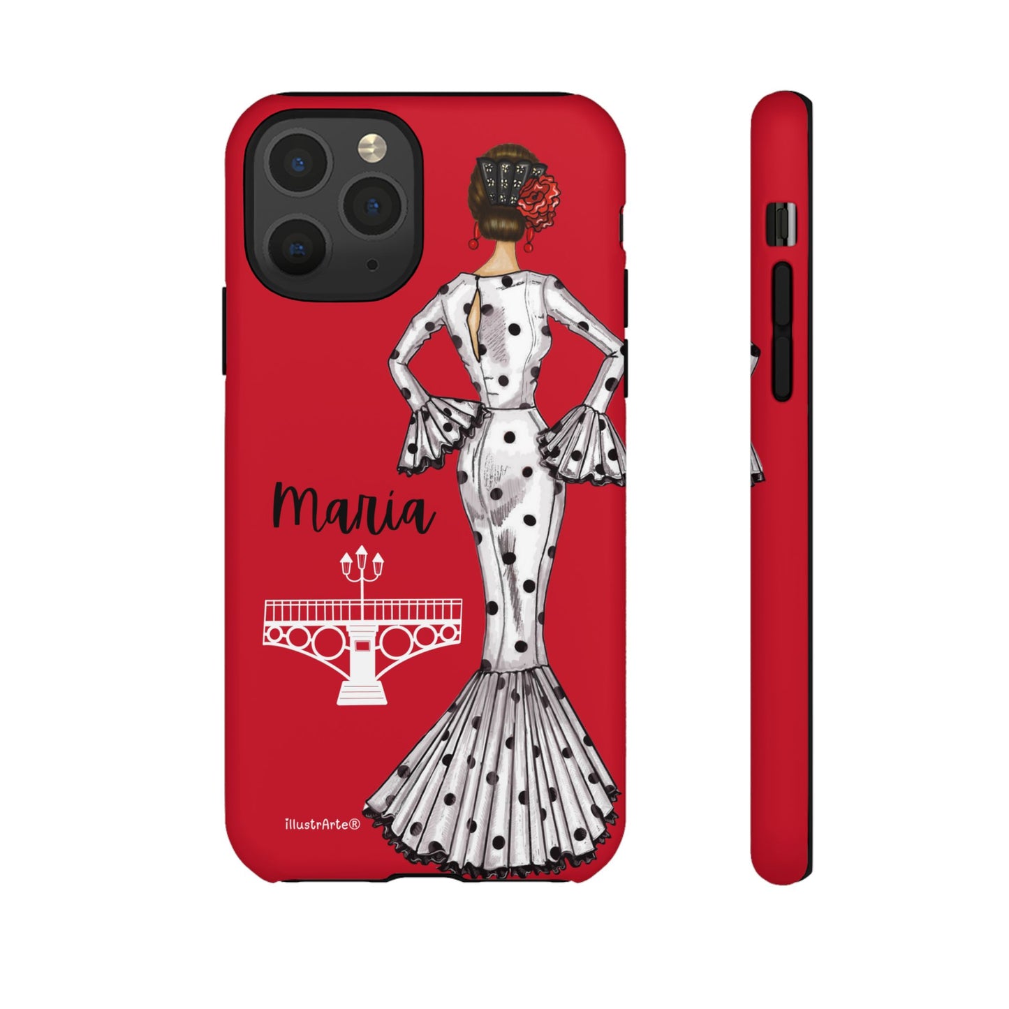 Funda de teléfono personalizada con diseño de flamenca María, incluye espacio para agregar nombre, perfecta para iPhone, Samsung y Google Pixel.